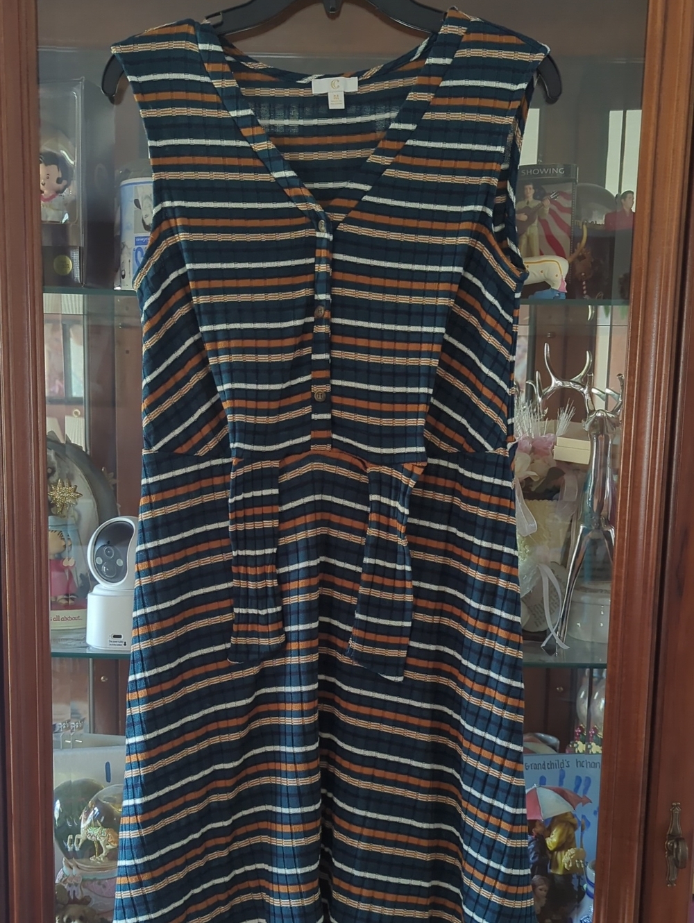 C Striped V-Neck Sleeveless Dress in Navy, Rust, and Cream